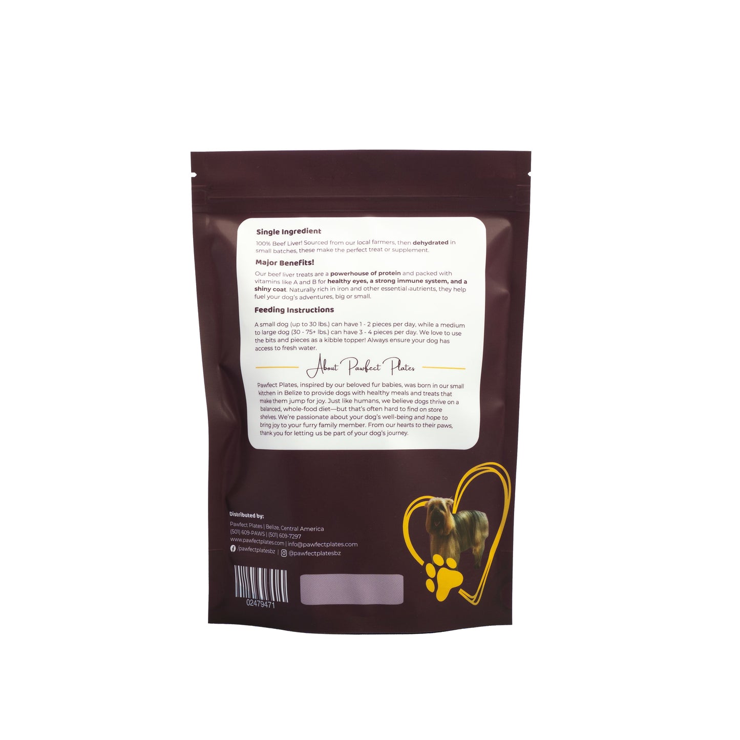 Beef Liver Dog treats back of packaging with ingredients and about us