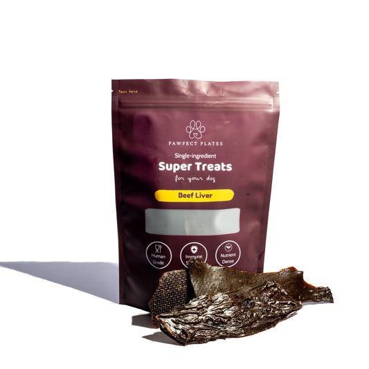 Beef Liver Dog treats with treats in front of packaging