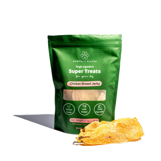 Chicken Breast Jerky Dog Treats with treats in front of packaging
