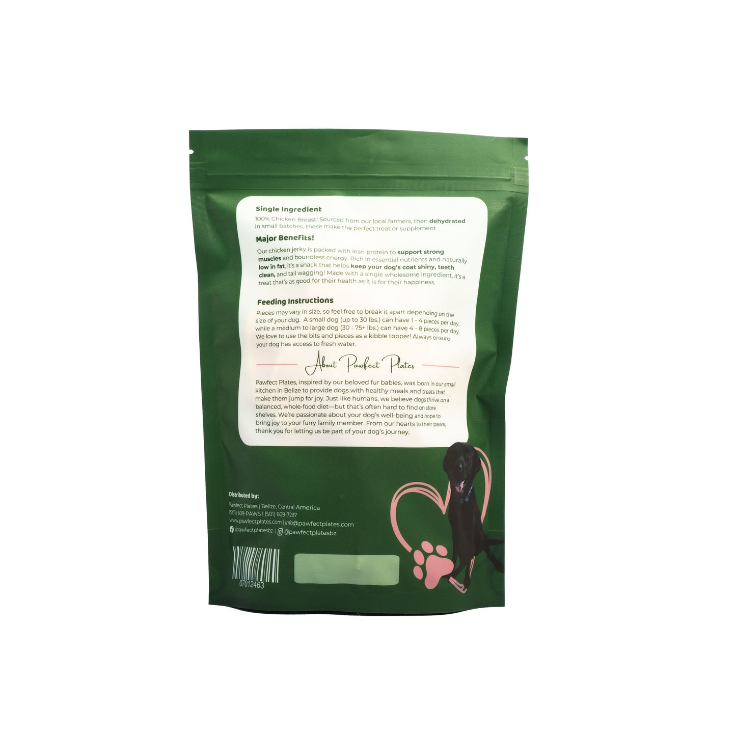 Chicken breast Jerky back of packaging with ingredients and about us