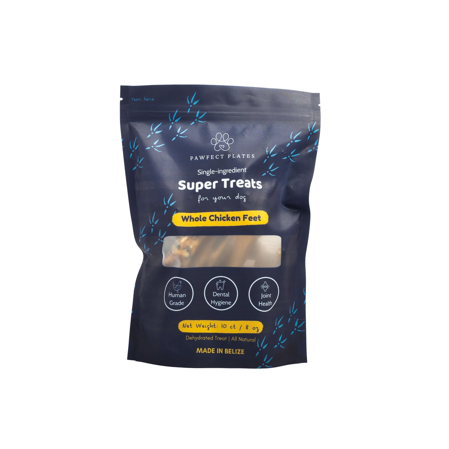 Chicken feet dog treats front of packaging