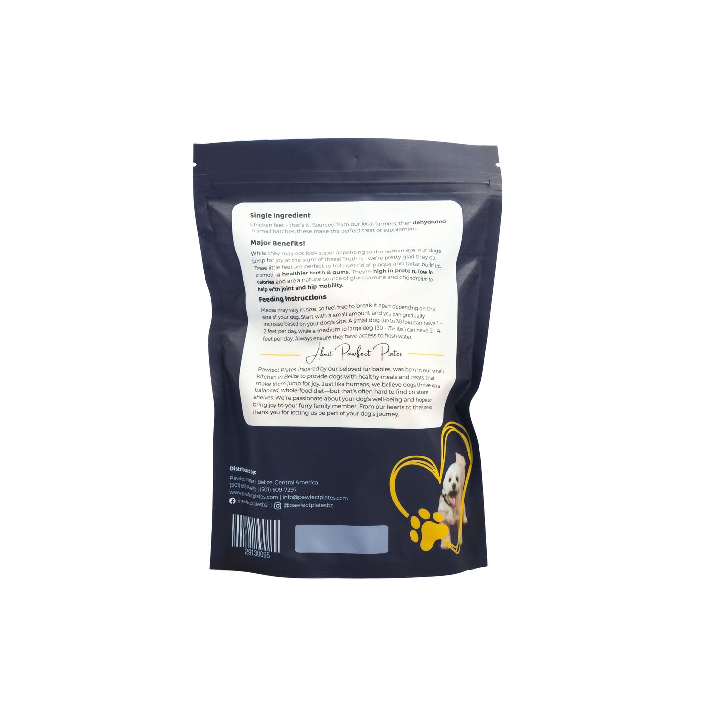 chicken feet dog treats back of packaging with ingredients and about us