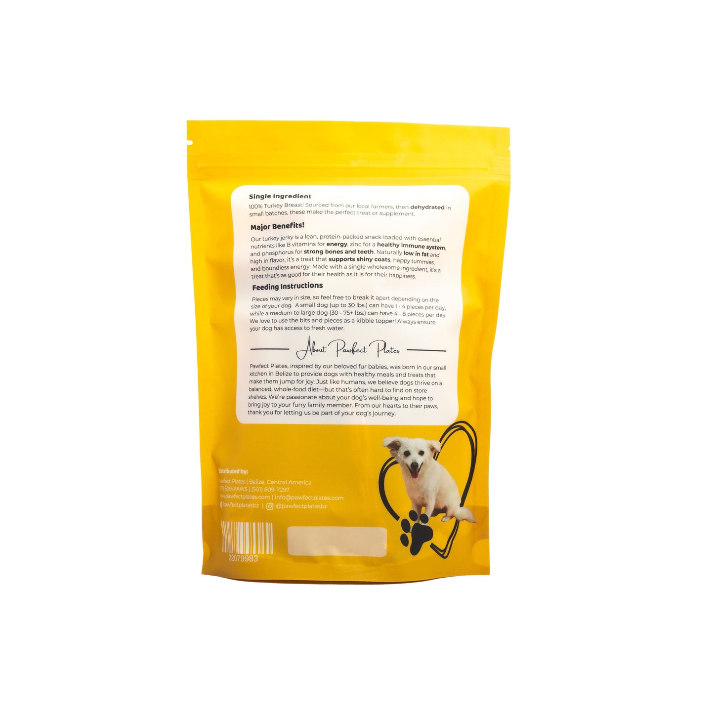 Turkey Breast Jerky for dogs back of package with ingredients and about pawfect plates