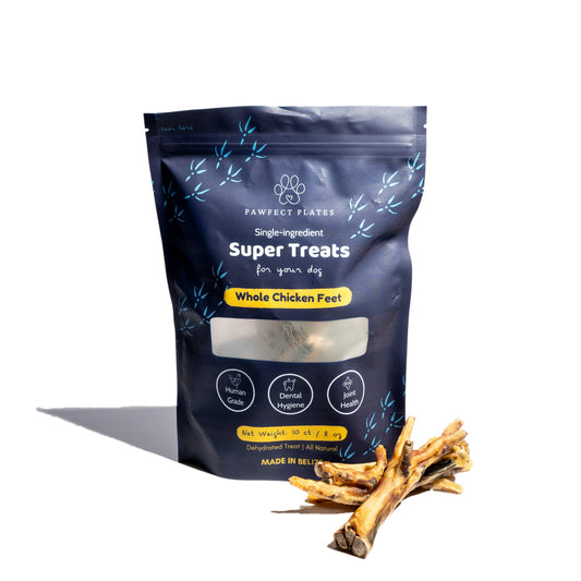 Chicken Feet dog treats with treats in front of packaging
