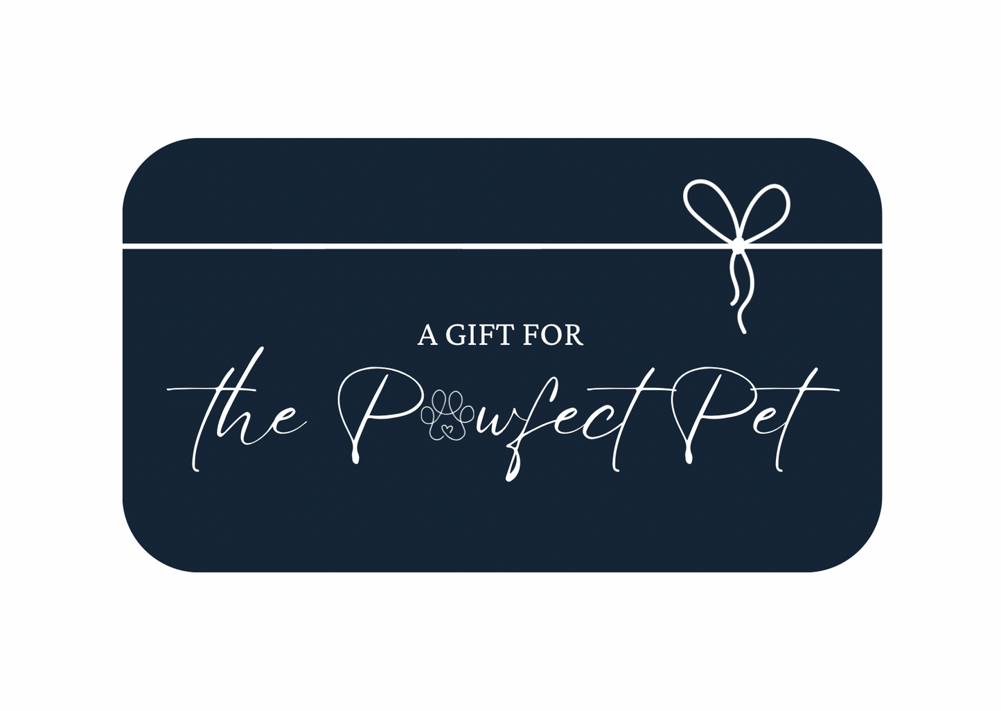 Navy blue gift card with white text and bow design on a white background