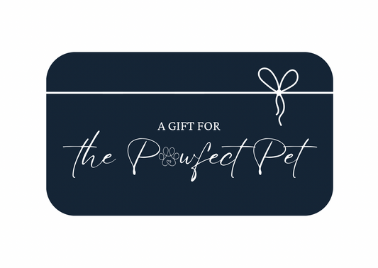 Navy blue gift card with white text and bow design on a white background