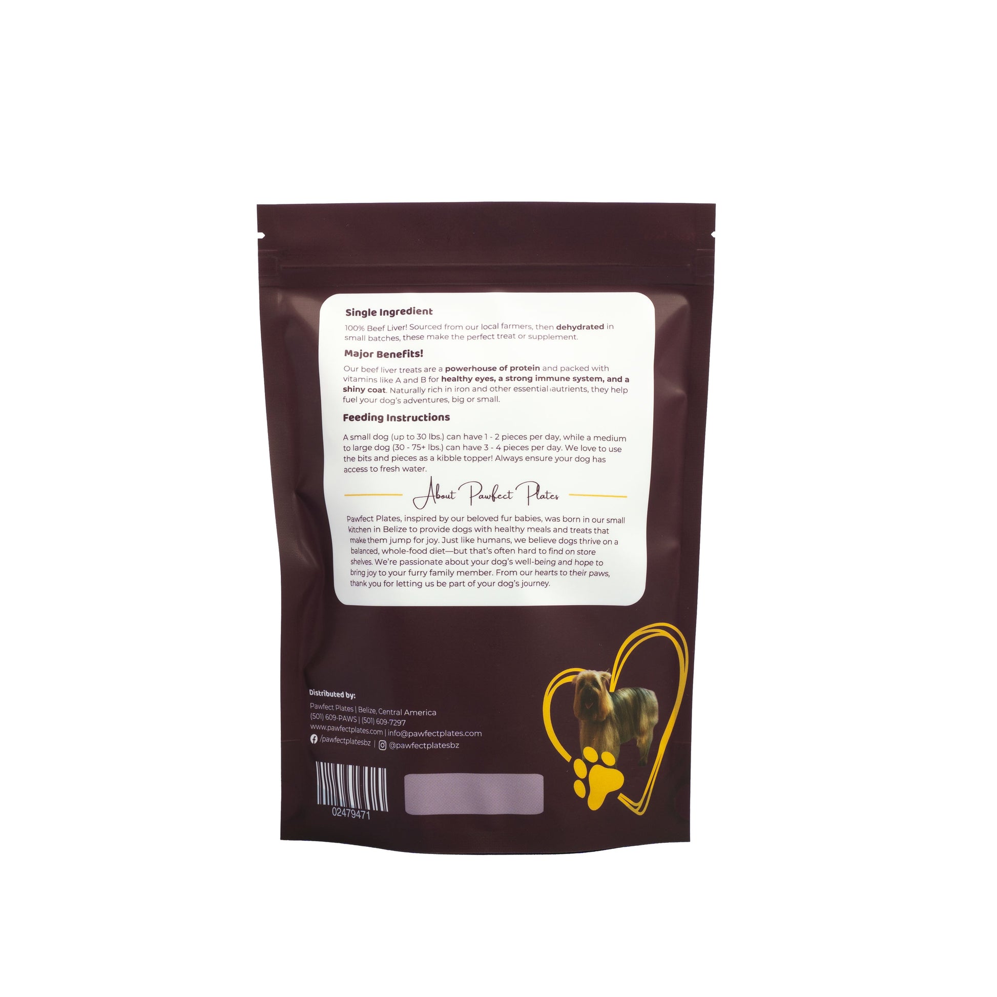 Beef Liver Dog treats back of packaging with ingredients and about us